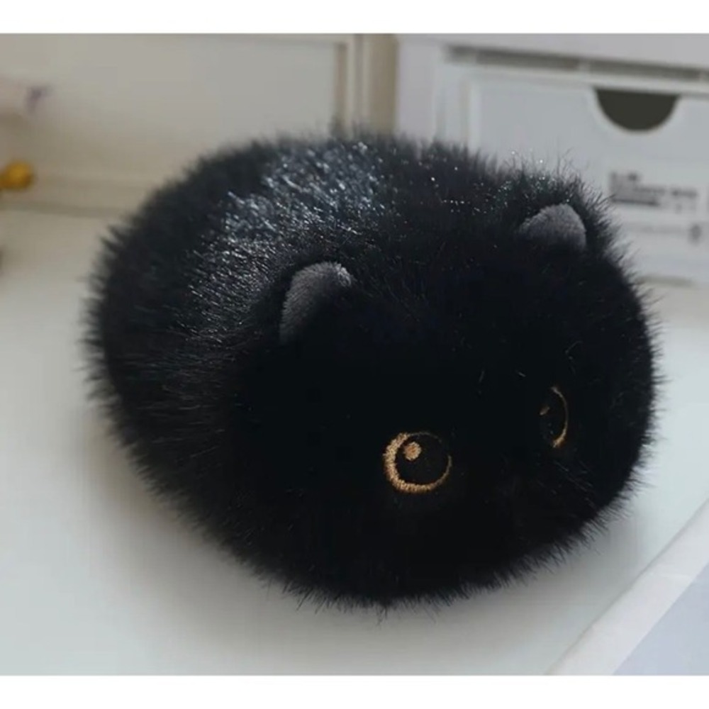 Black Cat Plush Small Fluffy Round Kawaii Soot Ball Toy New